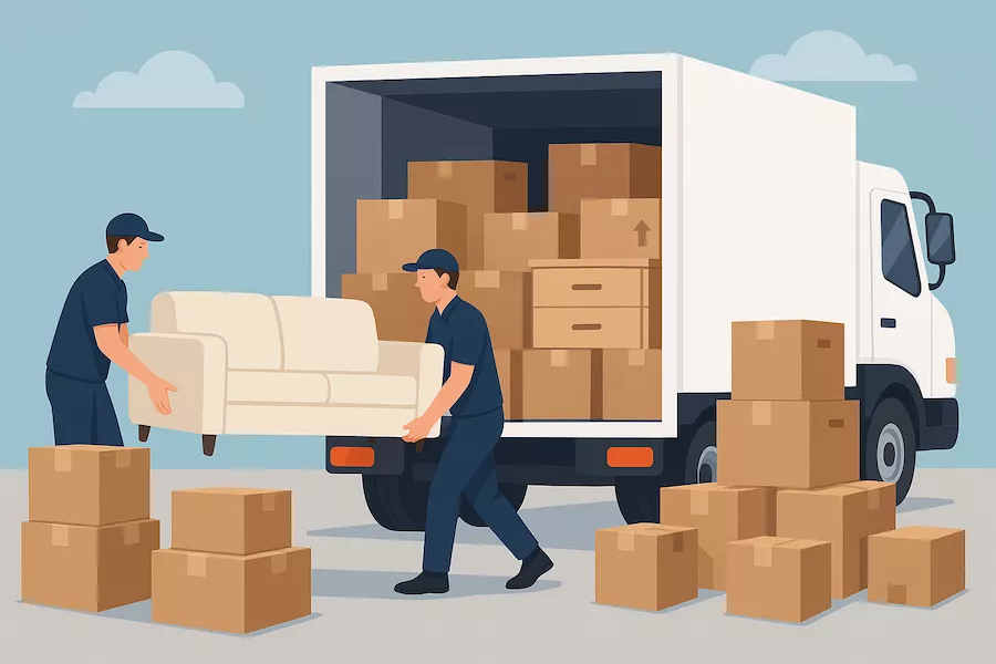 Flyttbil lastas med möbler och många flyttlådor – samtransport vid flytt